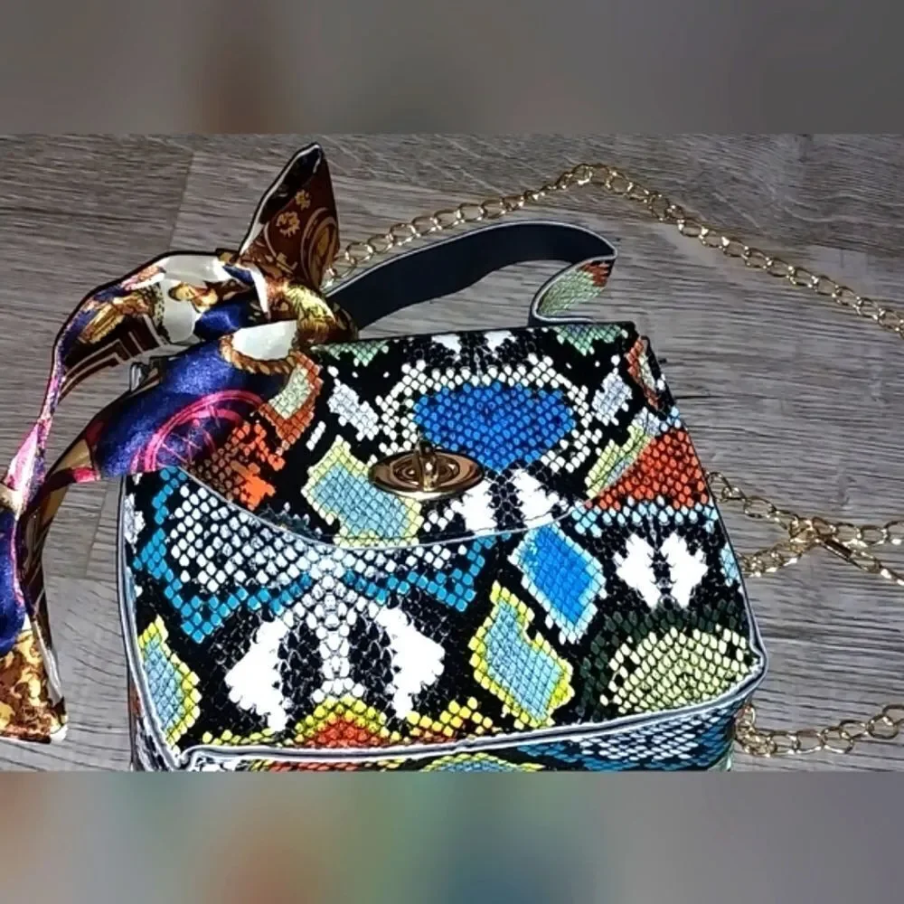 Women's Mini Snakeskin Embossed Handbag, Twilly Scarf Decor Flap Square Purse